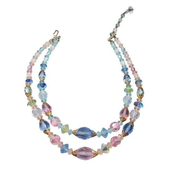 Pastel Translucent Beaded Necklace 16" Multishape Glass Beads Gold Tone Spacers - Picture 6 of 16